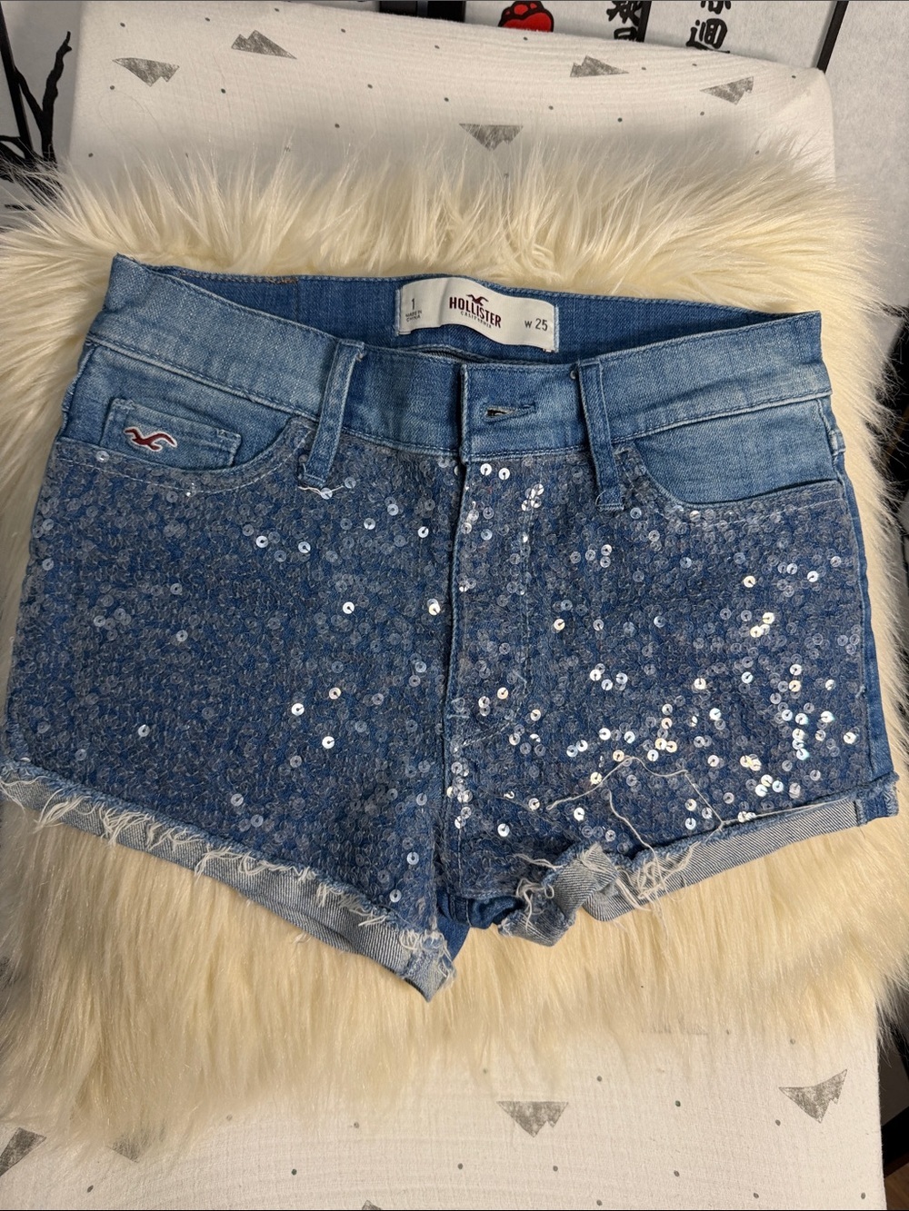 Hollister Light Blue Sequin Denim Shorts